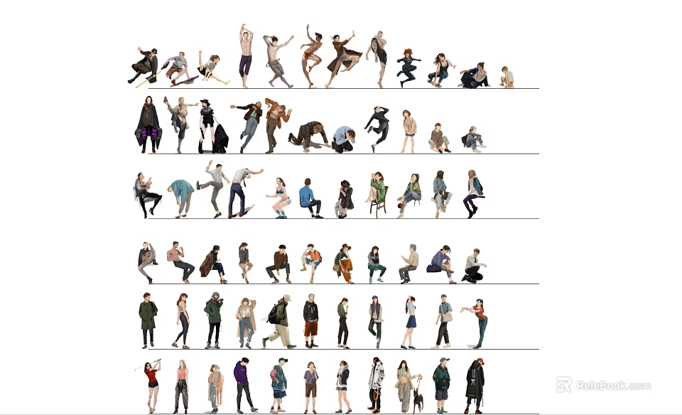 Group of People in Various Poses and Actions with Different Clothing Styles 3d model 