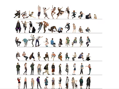 Group of People in Various Poses and Actions with Different Clothing Styles 3d model