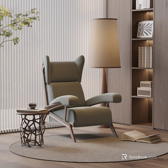 Modern Gray Single Sofa with Small Side Table Floor Lamp and Window Blinds 3d model 