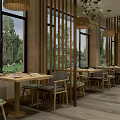 Elegant Modern Restaurant Interior With Wooden Elements Large Windows And Rattan Pendant Lights