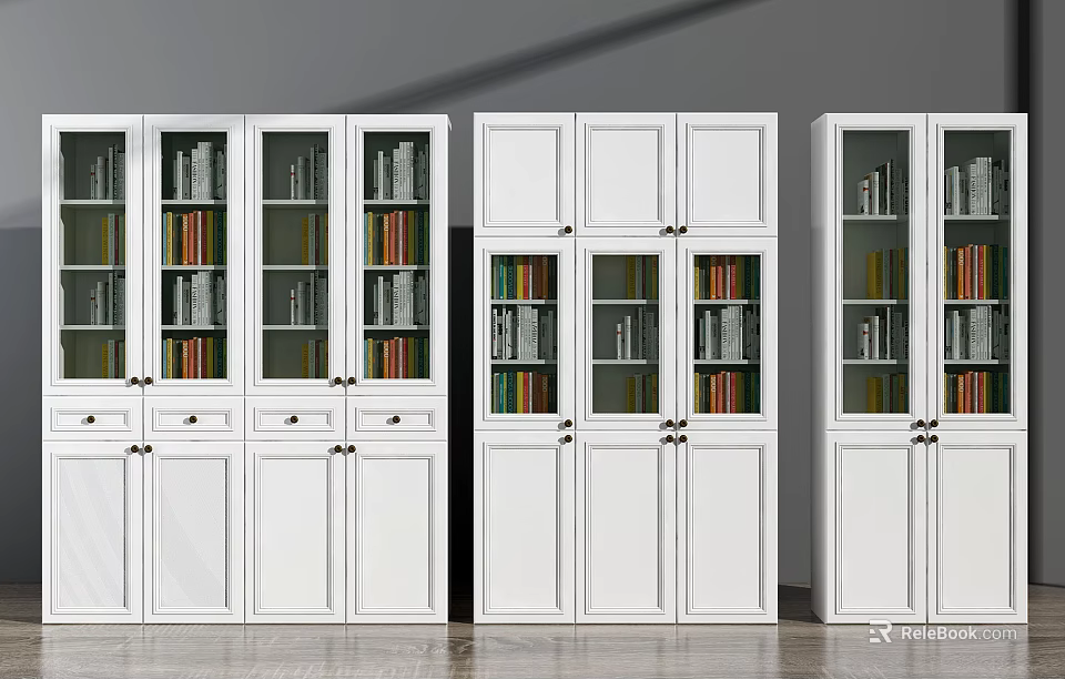Modern White Bookcases With Glass Doors And Wooden Structure For Home Library 3d model 