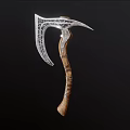 Ornate Metal Sickle With Intricate Carved Blade And Wooden Handle Design