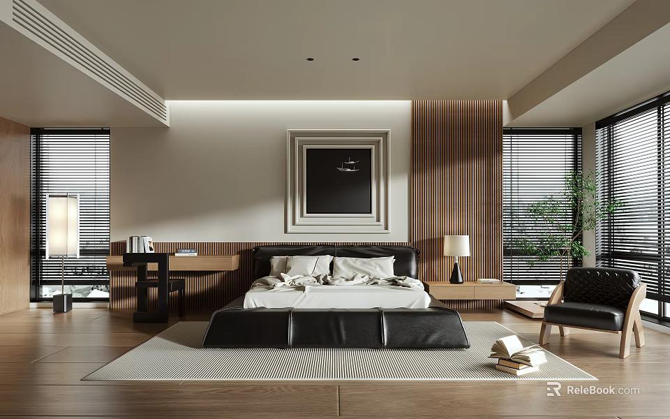 Modern Bedroom With Wooden Wall Large Bed Blinds Area Rug And Framed Art 3d model 