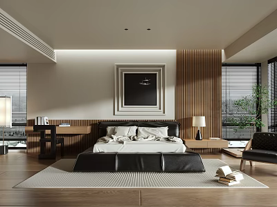 Modern Bedroom With Wooden Wall Large Bed Blinds Area Rug And Framed Art 3d model