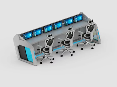 Modern Office Desk Setup With Multiple Monitors And Ergonomic Swivel Chairs 3d model