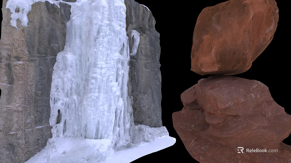 Natural Rock Display with Icicle Covered Formations and Stacked Red Stones 3d model 