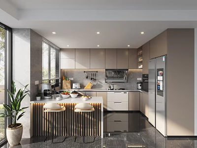 Modern Kitchen Interior With Island Counter Bar Stools Cabinets And Appliances 3d model