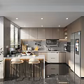 Modern Kitchen Interior With Island Counter Bar Stools Cabinets And Appliances