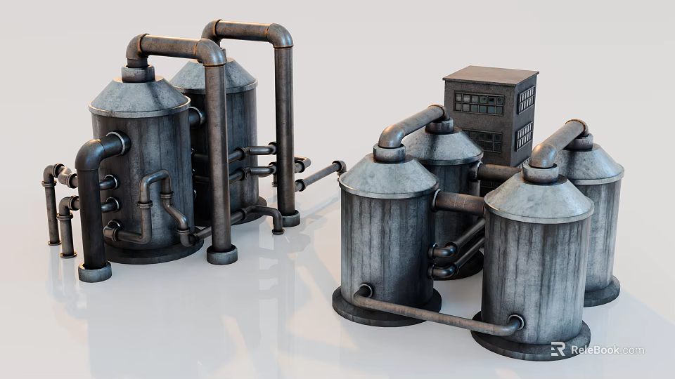 Industrial Equipment With Metal Tanks Connected Piping Systems And Control Cabinet 3d model 
