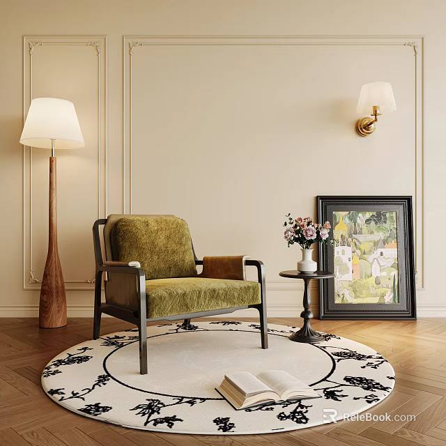 Stylish Green Velvet Accent Chair With Wooden Frame Floor Lamp Side Table And Area Rug 3d model 