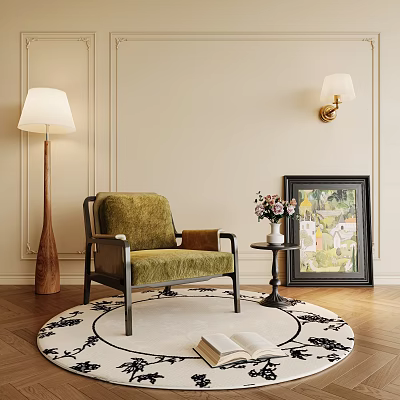 Stylish Green Velvet Accent Chair With Wooden Frame Floor Lamp Side Table And Area Rug 3d model