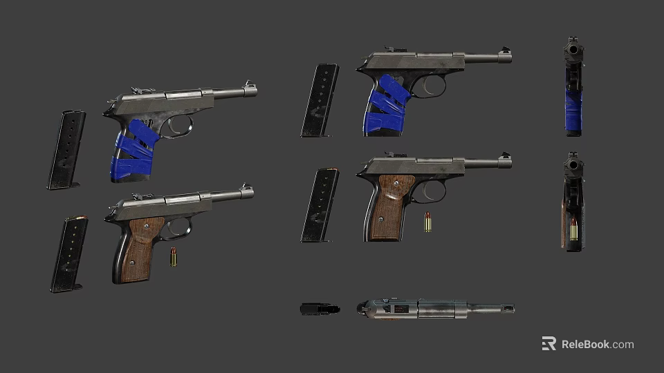 Different Types of Handguns With Blue Wooden Grips Magazines Bullets and Disassembled Parts 3d model 