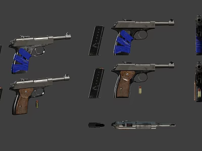 Different Types of Handguns With Blue Wooden Grips Magazines Bullets and Disassembled Parts 3d model