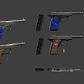 Different Types of Handguns With Blue Wooden Grips Magazines Bullets and Disassembled Parts