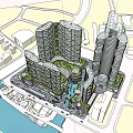 Modern Commercial Street With High Rise Buildings Lush Green Spaces And Water Features
