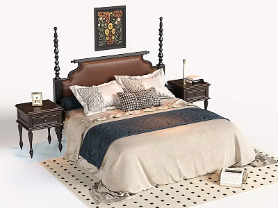 Vintage Double Bed With Brown Leather Headboard Carved Bedposts Nightstands Lamps And Polka Dot Rug 3d model