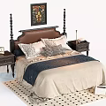 Vintage Double Bed With Brown Leather Headboard Carved Bedposts Nightstands Lamps And Polka Dot Rug