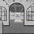 Modern Fitness Gym Space With Arch Windows Power Sign And White Platform On Grey Floor