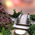 Stone Arch Bridge Surrounded By Red Shrubs Green Plants And Pebble Ground With Sunset Glow