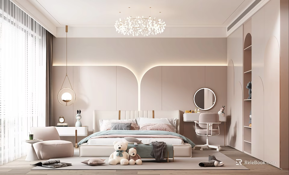 Cozy Kids Room Interior With Soft Bed Stuffed Toys Desk Chair And Chandelier 3d model 