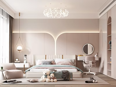 Cozy Kids Room Interior With Soft Bed Stuffed Toys Desk Chair And Chandelier 3d model