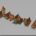 Traditional Style Buildings with Red Roofs Pointed Gables and Wooden Structures Arranged in a Row