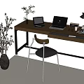 Modern Wooden Desk with Two Laptops Table Lamp Magazines and Small Plant in Natural Light