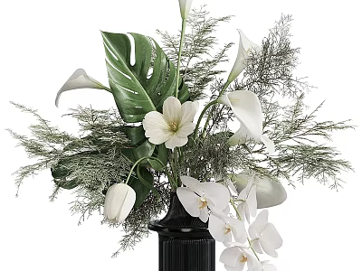 Black Vase Floral Arrangement with White Calla Lilies Orchids Tulips and Monstera Leaves 3d model