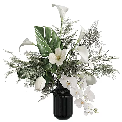 Black Vase Floral Arrangement with White Calla Lilies Orchids Tulips and Monstera Leaves 3d model