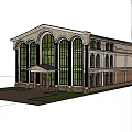 Modern Office Building With Arched Windows Green Lawn Trees And Waterfront View