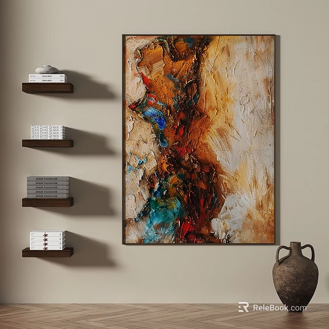 Modern Abstract Painting with Brown Blue Red Hues on Wall with Wooden Shelves and Vase 3d model 