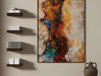 Modern Abstract Painting with Brown Blue Red Hues on Wall with Wooden Shelves and Vase 3d model
