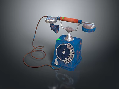 Vintage Blue Rotary Dial Telephone With Orange Handle And Wired Design 3d model