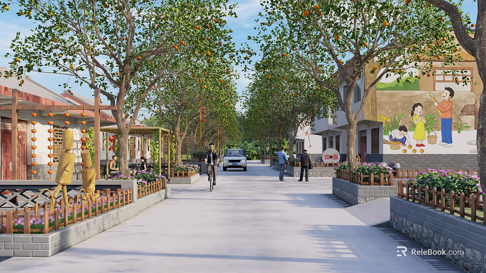 Vibrant Commercial Street Lined With Trees Pedestrians Walking Car Passing And Flower Planters 3d model 