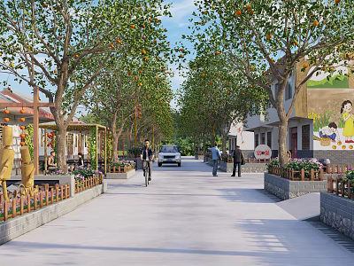 Vibrant Commercial Street Lined With Trees Pedestrians Walking Car Passing And Flower Planters 3d model