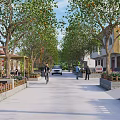 Vibrant Commercial Street Lined With Trees Pedestrians Walking Car Passing And Flower Planters