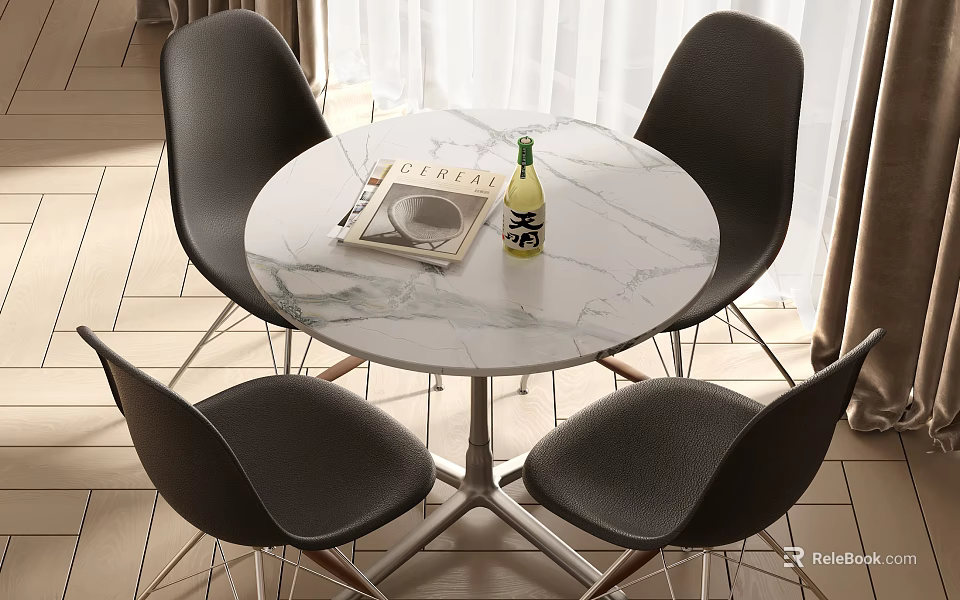 Modern Dining Table Set with Round Marble Tabletop Four Black Chairs Featuring Magazine Wine Bottle 3d model