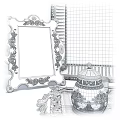 Vintage Decorative Ornament Set with Framed Painting Small Frame Silver Teapot Green Accents and Tray