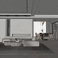 Modern Living Dining Room Interior With Gray Sofa Coffee Table Wooden Dining Table And Hanging Chandelier