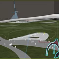 Park Landscape Featuring Green Lawn Winding Paths People Walking Red Arch Trees and White Sculpture