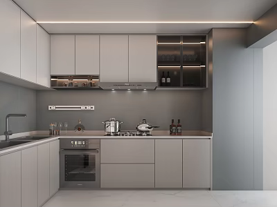 Modern Kitchen Interior With White Cabinets Gray Walls And Built In Appliances 3d model