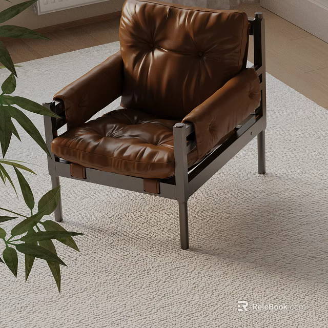 Tufted Brown Leather Accent Chair With Metal Frame And Green Plant On Plush Rug 3d model 