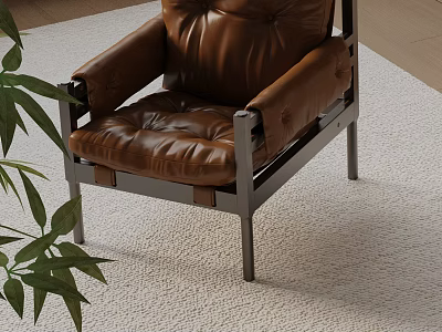 Tufted Brown Leather Accent Chair With Metal Frame And Green Plant On Plush Rug 3d model