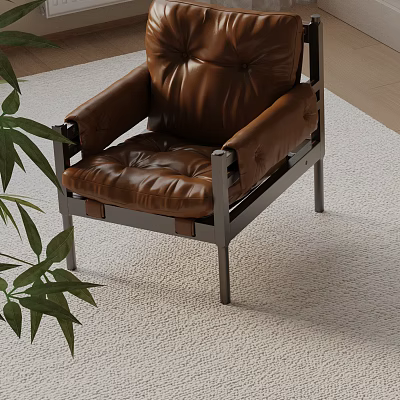 Tufted Brown Leather Accent Chair With Metal Frame And Green Plant On Plush Rug 3d model