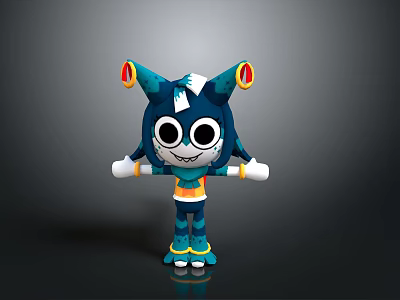 Blue Cartoon Character With Large Eyes White Gloves And Colorful Decorations In Standing Pose 3d model