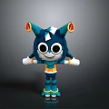 Blue Cartoon Character With Large Eyes White Gloves And Colorful Decorations In Standing Pose
