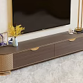 Modern Wooden TV Stand With Drawers Vase Yellow Flowers And Wall Mounted Television