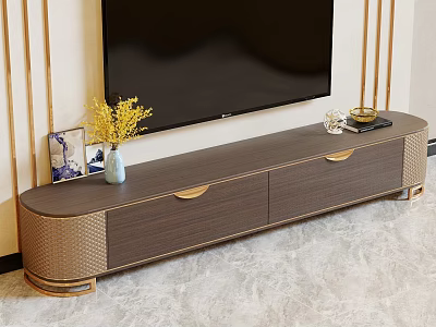 Modern Wooden TV Stand With Drawers Vase Yellow Flowers And Wall Mounted Television 3d model