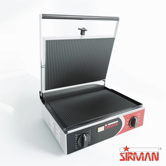 Electric Kitchen Grill With Open Lid Silver Body Black Heating Plate And Knob Controls 3d model 