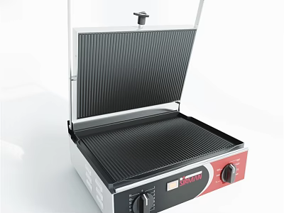 Electric Kitchen Grill With Open Lid Silver Body Black Heating Plate And Knob Controls 3d model
